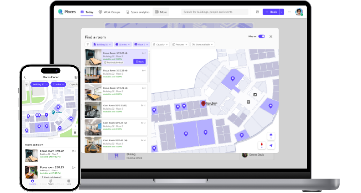 Microsoft Places integration showing room finder on laptop and mobile